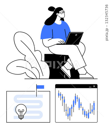 Woman sitting with laptop, analyzing data, next to lightbulb and graph. Ideal for data analysis, innovation, productivity, remote work, technology education strategic planning. Line metaphor 132345736