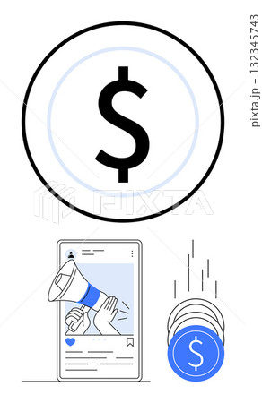 Dollar sign, megaphone on a smartphone screen, and coins depict marketing, social media promotions, and revenue. Ideal for online businesses, digital marketing strategies, eCommerce, social media 132345743
