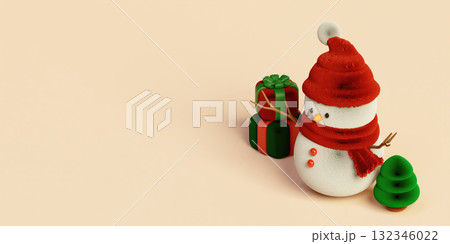 Christmas holiday celebration featuring a cheerful snowman and festive gifts. 3D render illustration 132346022