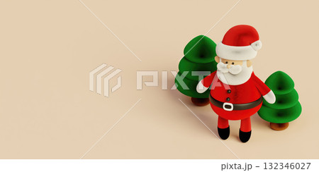 Christmas holiday celebration with Santa Claus and decorated evergreen trees. 3D render illustration Christmas holiday celebration with Santa Claus and decorated evergreen trees. 3D render illustration 132346027