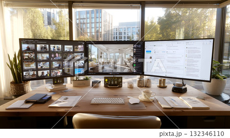 大きな窓際に設置された複数モニターのデスク環境。オンライン会議、資料作成、情報共有を同時に行える効率 大きな窓際に設置された複数モニターのデスク環境。オンライン会議、資料作成、情報共有を同時に行える効率 132346110