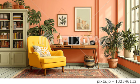 明るい日差しが差し込む部屋に、観葉植物とビンテージ家具が並ぶホームオフィス。柔らかな配色と温かみのあ 明るい日差しが差し込む部屋に、観葉植物とビンテージ家具が並ぶホームオフィス。柔らかな配色と温かみのあ 132346112