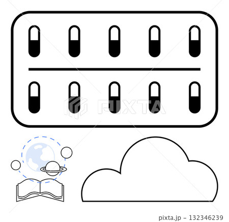 Capsule pack with 10 capsules, a cloud shape, and an open book with a planet and orbit lines. Ideal for medical, educational, technology, healthcare, pharmaceutical learning and digital. Line 132346239