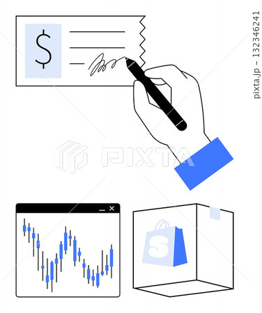 Hand holding a pen signing a document with a dollar sign, a financial trading chart, and a shopping bag in a box. Ideal for financial planning, online shopping, business contracts, e-commerce 132346241