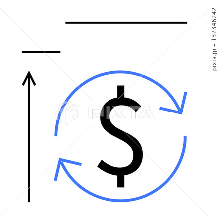 Dollar sign surrounded by blue circular arrows black upward arrow, horizontal lines representing growth, progress, money. Ideal for finance, economy, business strategies, investment, currency 132346242
