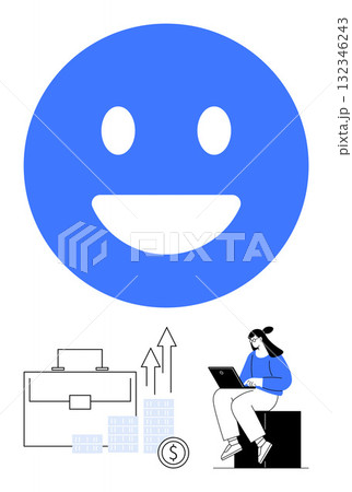 Large blue happy face with financial growth icons, a briefcase, and a woman using a laptop. Ideal for business optimism, financial success, workplace happiness, remote work, positive trends, digital 132346243
