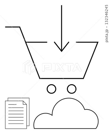 Shopping cart with download arrow above documents and cloud icon. Ideal for e-commerce, digital downloads, cloud storage, online shopping, data management, document storage, digital media. Line 132346245