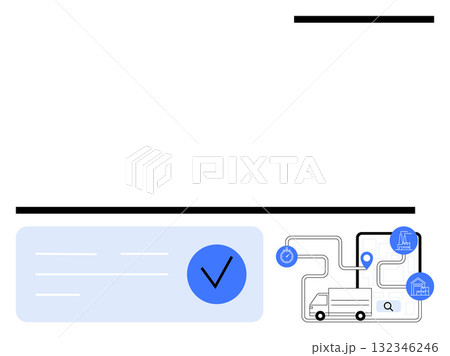 Truck, time, and location icons connected by lines. Ideal for logistics, delivery, supply chain, ecommerce transportation business efficiency. Also includes checklist and data visualization. 132346246