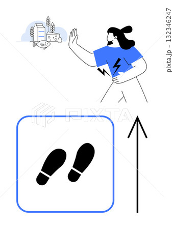 Woman in blue shirt turning away from unhealthy food, footsteps icon representing walking, arrow pointing up. Ideal for health, wellness, fitness, lifestyle, diet motivation perseverance. Line 132346247