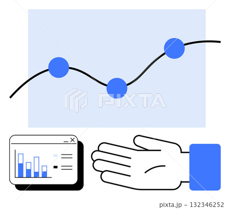 Graph with blue nodes, a bar chart on a webpage, and a hand extended. Ideal for business, management, finance, data analysis, teamwork growth visualization responsibility. Line metaphor 132346252