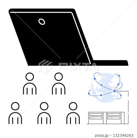 Laptop globe with connected nodes group of people, servers. Ideal for remote work, technology, communication, networking, teamwork, global connectivity, cloud computing. Line metaphor 132346263