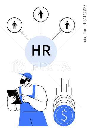 Worker checking tablet with HR symbol connected to three employees, symbols of coins representing financial rewards. Ideal for HR, recruitment, workforce management, productivity, financial planning 132346277