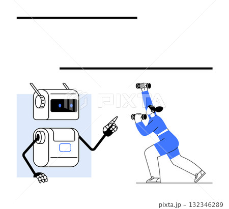 Robot with antennae instructs woman performing lunges with dumbbells. Ideal for fitness training exercise, robotics, technology, health, guidance. Black, white, blue colors. Line metaphor 132346289