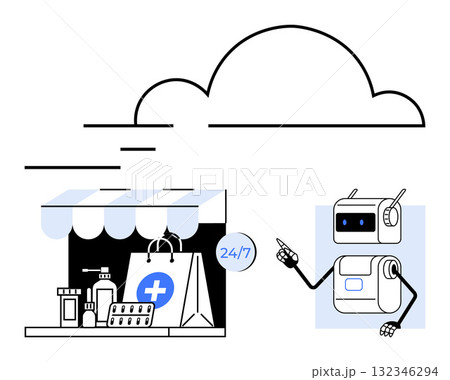 Pharmacy storefront shopping bag with medical cross, robot assistant, cloud symbol. Ideal for healthcare technology, robotics, AI, online pharmacy, 247 services, medication delivery, telehealth 132346294