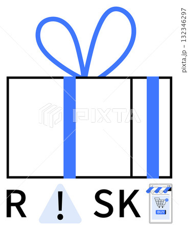 Large gift box with blue ribbon, triangle with exclamation mark, letters R and SK, and smartphone depicting shopping cart and BUY button. Ideal for online shopping, e-commerce, consumer awareness Large gift box with blue ribbon, triangle with exclamation mark, letters R and SK, and smartphone depicting shopping cart and BUY button. Ideal for online shopping, e-commerce, consumer awareness 132346297