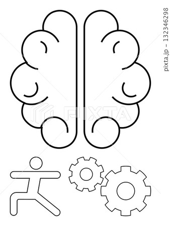 Stylized brain with gears and human silhouette element. Ideal for mental health, cognitive science, physical health, psychology, personal growth, mind-body connection, educational purposes. Line Stylized brain with gears and human silhouette element. Ideal for mental health, cognitive science, physical health, psychology, personal growth, mind-body connection, educational purposes. Line 132346298