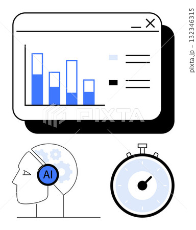 Chart with blue bars in a window, AI symbol inside a human head gear, and stopwatch. Ideal for data analysis, artificial intelligence, time management, technology, productivity, efficiency Chart with blue bars in a window, AI symbol inside a human head gear, and stopwatch. Ideal for data analysis, artificial intelligence, time management, technology, productivity, efficiency 132346315