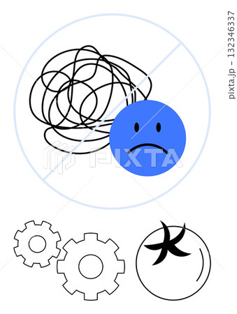 Sad face on tangled lines with prohibition sign, gears and lightbulb for creativity and problem-solving. Ideal for mental health, stress management, productivity, emotion regulation, innovation Sad face on tangled lines with prohibition sign, gears and lightbulb for creativity and problem-solving. Ideal for mental health, stress management, productivity, emotion regulation, innovation 132346337
