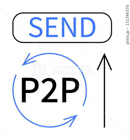Send button in blue, circular arrows surrounding P2P, and an upward arrow indicating money transfer or peer-to-peer transaction. Ideal for finance, digital transactions, technology, peer-to-peer Send button in blue, circular arrows surrounding P2P, and an upward arrow indicating money transfer or peer-to-peer transaction. Ideal for finance, digital transactions, technology, peer-to-peer 132346370