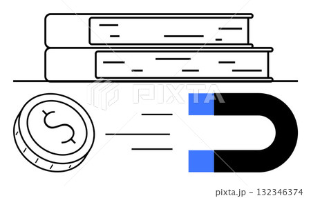 Stacked books representing knowledge, coin with dollar sign moving towards a blue and black magnet. Ideal for finance, education, investment, savings, economic growth, financial literacy 132346374