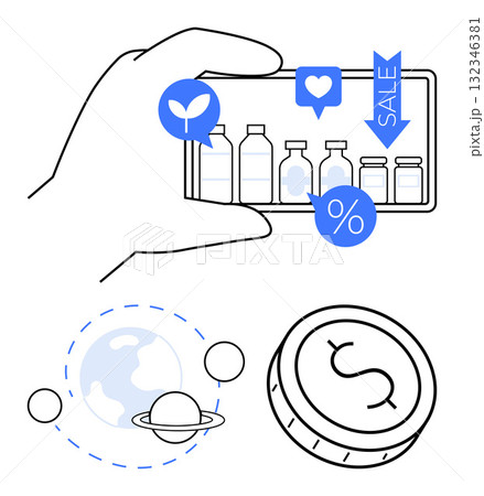 Hand holding a smartphone displaying pharmaceutical products, sale and discount icons. Coin with dollar sign represents savings. Planet and orbits signify global impact. Ideal for e-commerce Hand holding a smartphone displaying pharmaceutical products, sale and discount icons. Coin with dollar sign represents savings. Planet and orbits signify global impact. Ideal for e-commerce 132346381