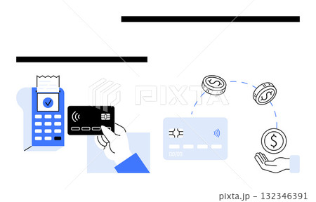 Digital payment terminal processing card transaction. Contactless card and money transfer to hand. Ideal for financial apps, online banking, e-commerce, fintech, mobile payments, cashless society Digital payment terminal processing card transaction. Contactless card and money transfer to hand. Ideal for financial apps, online banking, e-commerce, fintech, mobile payments, cashless society 132346391