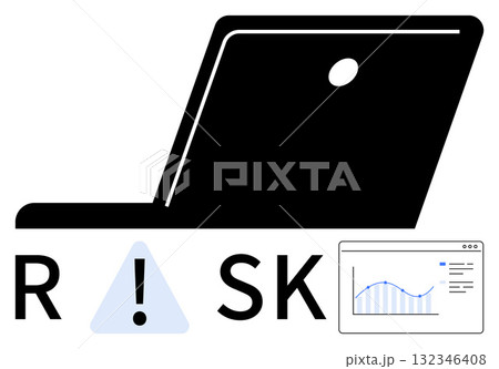 Laptop silhouette with risk warning sign between R and SK, small browser window displaying a graph. Ideal for risk assessment, data analysis, cybersecurity, financial planning, business strategy 132346408