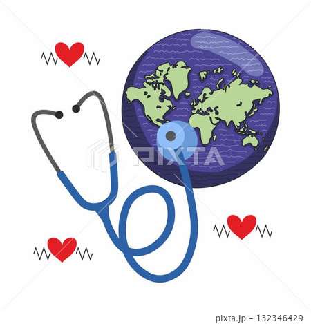World health day concept, 7 April, background vector. Hand drawn comic doodle style of earth, heart, stethoscope. Design for web, banner, campaign, social media post. 132346429