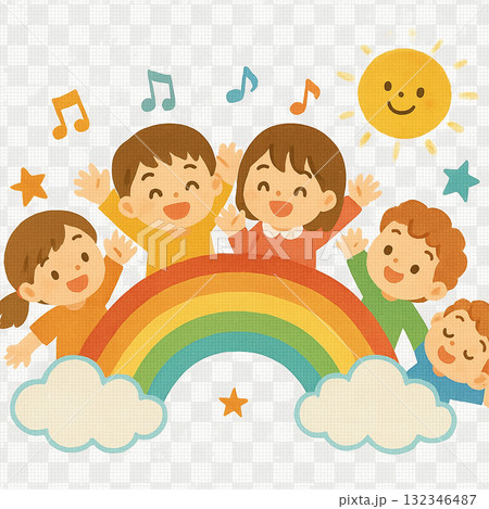 虹と手をつなぐ子供 132346487