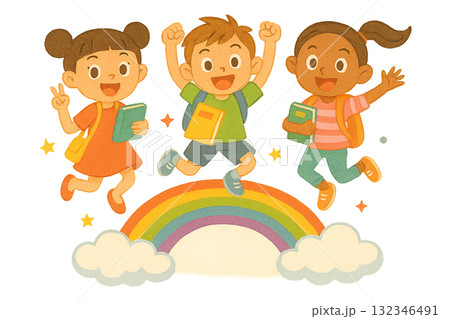 虹でジャンプをする子供たち 132346491