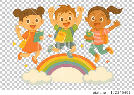 虹でジャンプをする子供たち 132346491