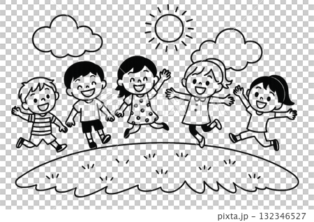 夏休みにジャンプする家族 132346527