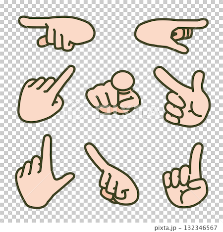 肌色の指さしハンドサイン8方向セット（ジェスチャー・手のイラスト・方向指示） 132346567