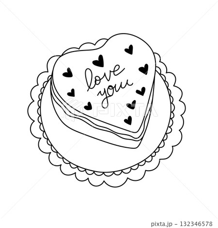 Hand-drawn heart-shaped cake with small hearts and love you text on a decorative plate. 132346578
