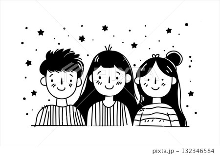 Black and white doodle of three smiling friends standing together with stars scattered around them. 132346584