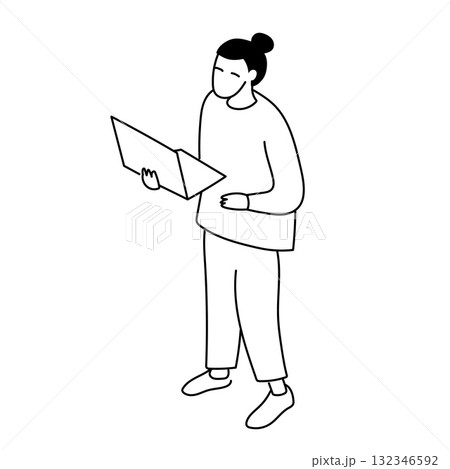 Minimal line drawing of a woman standing and holding an open laptop while looking at the screen. 132346592