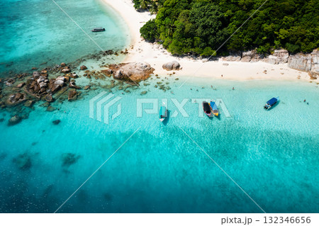 Aerial view of a tropical beach with white sand and coral reef on the island of Lang Tengah, Terengganu, Malaysia 132346656