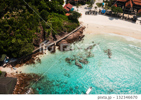 Top view of Long beach with clear turquoise waters and tourists on Redang Island. Malaysia 132346670
