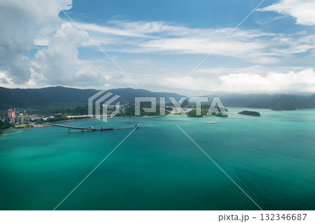 Beautiful tropical green islands on Langkawi Island, surrounded by clear blue waters. Malaysia 132346687
