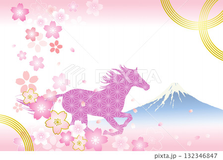 午年の年賀状テンプレート 富士山と桜の背景に駆ける馬 コピースペース 午年の年賀状テンプレート 富士山と桜の背景に駆ける馬 コピースペース 132346847