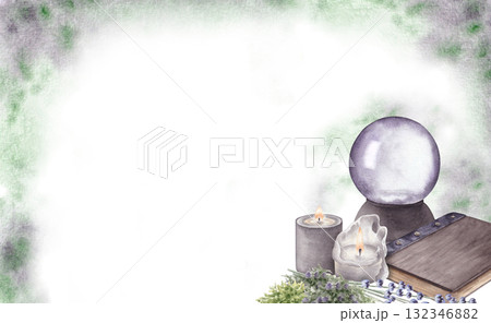 Template with crystal ball, candles, grimoire, herbs and foggy background. Watercolor hand drawn illustration. For text, design, invitation and greeting cards 132346882