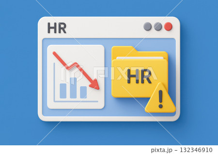 Digital HR system interface displays corporate crisis. downward trend on chart with red arrow and yellow folder with warning label signifies major problem Digital HR system interface displays corporate crisis. downward trend on chart with red arrow and yellow folder with warning label signifies major problem 132346910