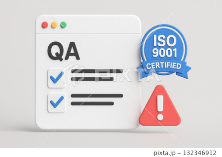 Digital QA interface showing an ISO 9001 certified badge with checklist. An alert icon signals potential issue, representing business quality control and risk management 132346912
