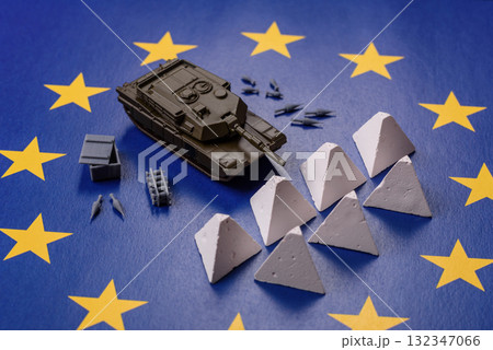 Anti-tank barrier or dragon's teeth made of concrete and iron as a fortification. Dragon's teeth Anti-tank barrier or dragon's teeth made of concrete and iron as a fortification. Dragon's teeth 132347066