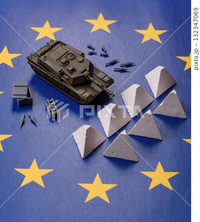 Anti-tank barrier or dragon's teeth made of concrete and iron as a fortification. Dragon's teeth Anti-tank barrier or dragon's teeth made of concrete and iron as a fortification. Dragon's teeth 132347069