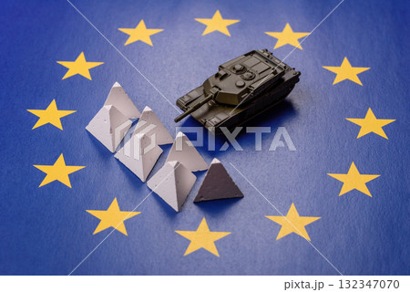 Anti-tank barrier or dragon's teeth made of concrete and iron as a fortification. Dragon's teeth 132347070