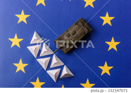 Anti-tank barrier or dragon's teeth made of concrete and iron as a fortification. Dragon's teeth 132347071