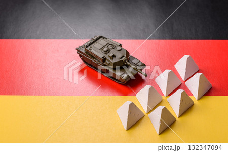 Anti-tank barrier or dragon's teeth made of concrete and iron as a fortification. Dragon's teeth 132347094