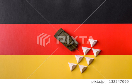 Anti-tank barrier or dragon's teeth made of concrete and iron as a fortification. Dragon's teeth 132347099