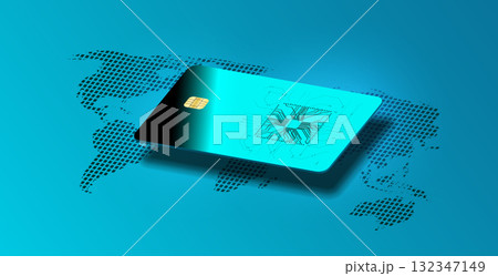 A digital payment card is displayed against a background featuring a world map, symbolizing the global reach of modern financial services and technology used in transactions. 132347149